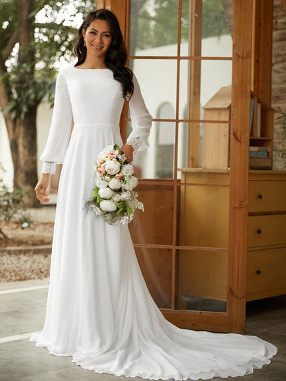 Vestidos de novia de corte A/princesa, de gasa, encaje, escote redondo, mangas largas y cola de corte