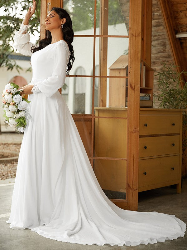 Vestidos de novia de corte A/princesa, de gasa, encaje, escote redondo, mangas largas y cola de corte