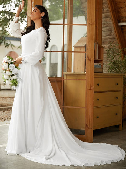 Vestidos de novia de corte A/princesa, de gasa, encaje, escote redondo, mangas largas y cola de corte