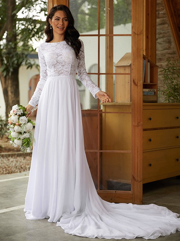 Vestidos de novia de corte A/princesa, de gasa, encaje, escote redondo, mangas largas y cola catedral