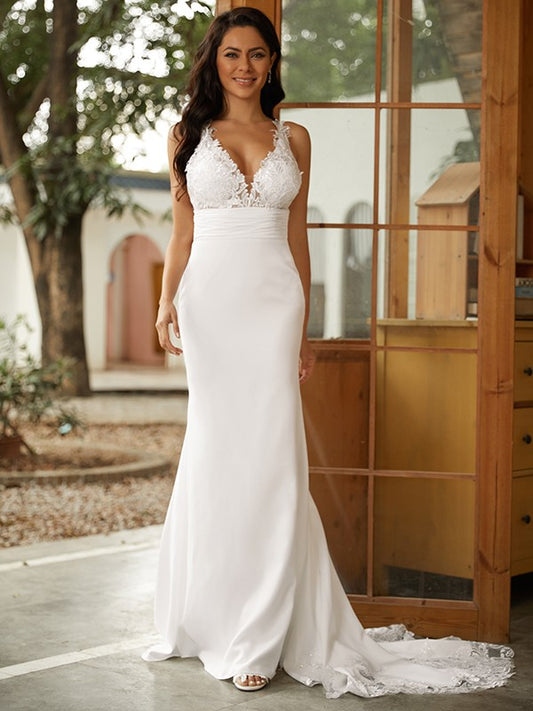 Vestidos de novia con escote en V, sin mangas, de crepé elástico, con cola larga y corte tubo/columna