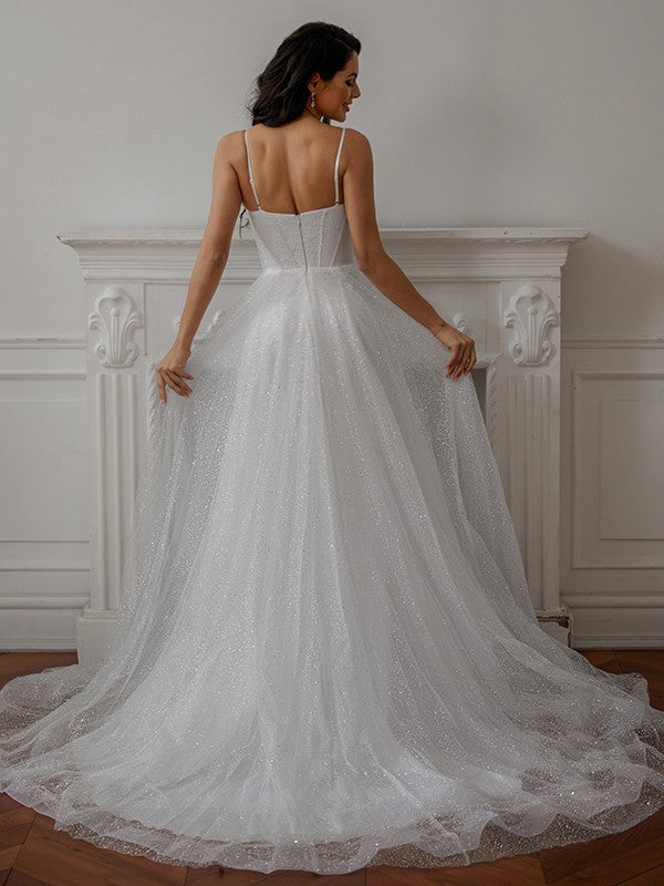 Vestidos de novia de corte A/princesa con volantes, tirantes finos, sin mangas y cola de corte