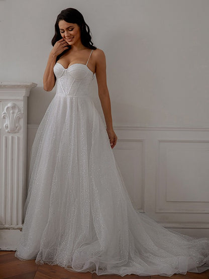 Vestidos de novia de corte A/princesa con volantes, tirantes finos, sin mangas y cola de corte