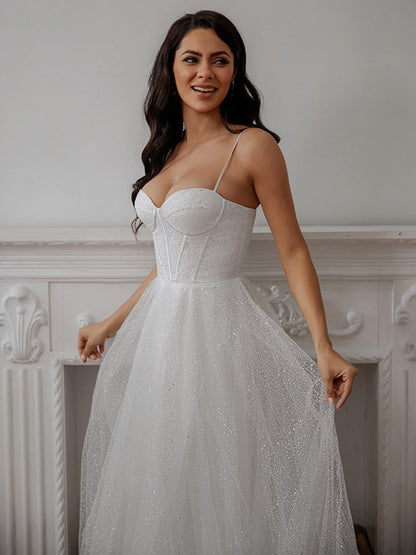 Vestidos de novia de corte A/princesa con volantes, tirantes finos, sin mangas y cola de corte