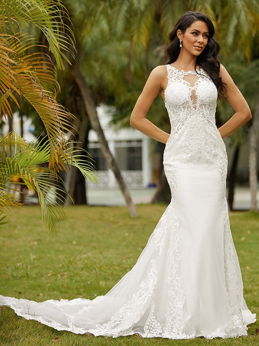 Vestidos de novia con corte tubo/columna, encaje de crepé elástico, escote redondo, sin mangas y cola catedral