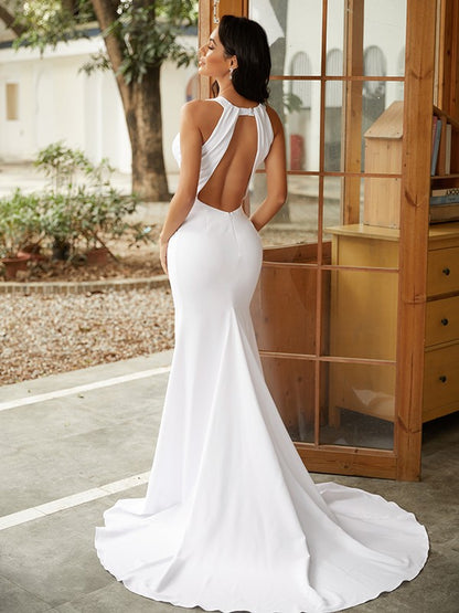 Sheath/Column Stretch Crepe Ruched Scoop Sleeveless Sweep/Brush Train Wedding Dresses
