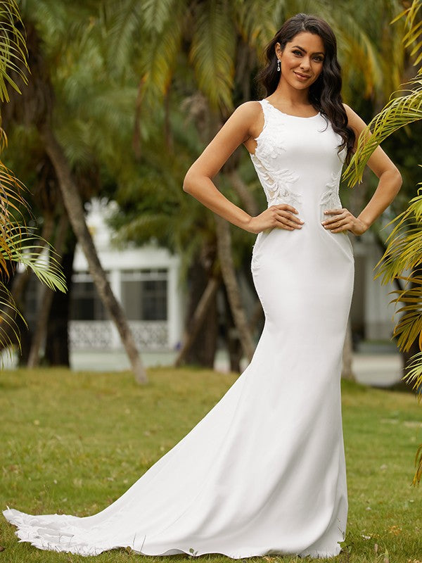 Vestidos de novia de corte tubo/columna con encaje de crepé elástico, escote redondo, sin mangas y cola larga