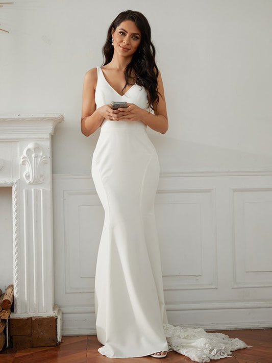Vestidos de novia con escote en V, sin mangas, de crepé elástico, con cola larga y corte tubo/columna