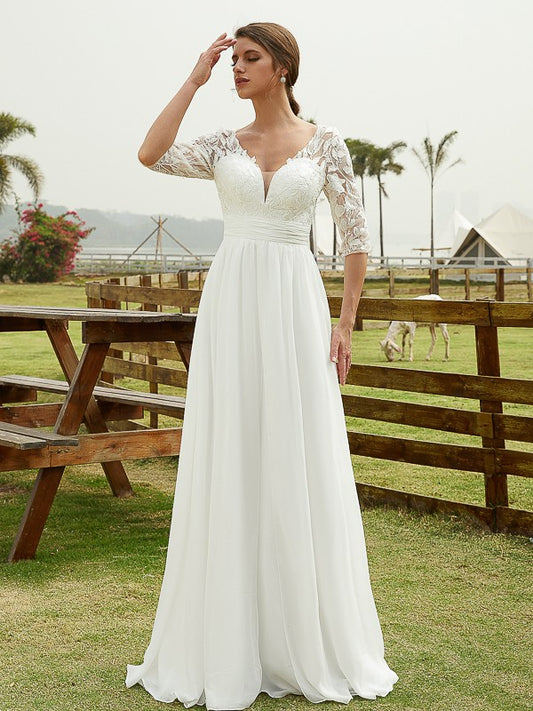 A-Linie/Princess-Linie Chiffon Spitze V-Ausschnitt 1/2 Ärmel Bodenlang Brautkleider