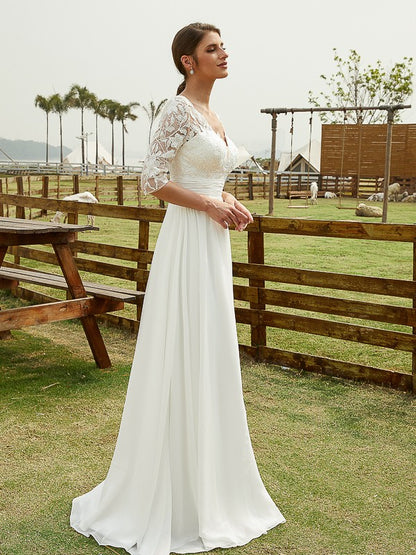 A-Linie/Princess-Linie Chiffon Spitze V-Ausschnitt 1/2 Ärmel Bodenlang Brautkleider