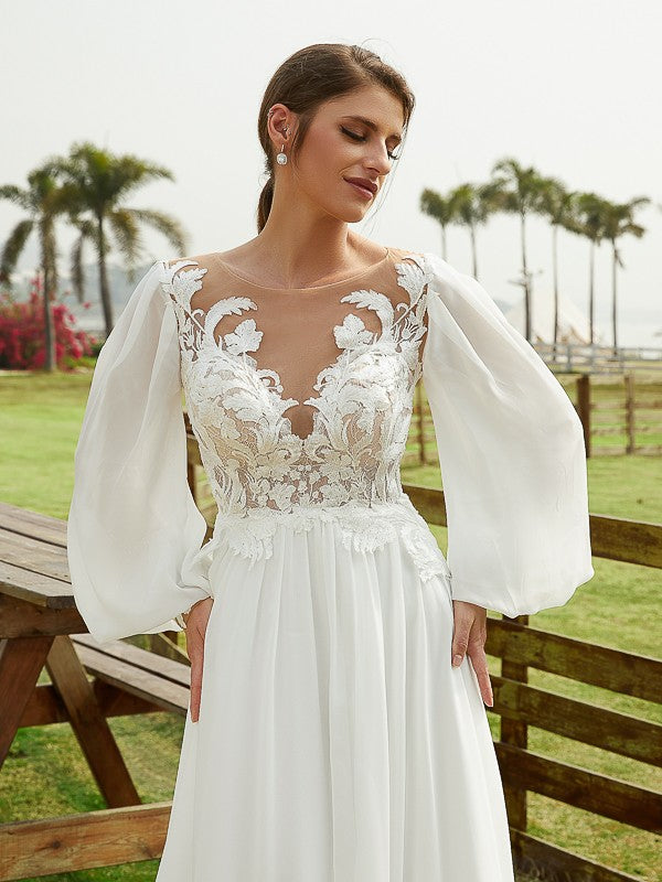 A-Linie/Princess-Linie Chiffon Applikationen U-Ausschnitt Lange Ärmel Kapelle-schleppe Brautkleider