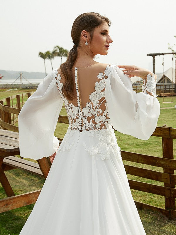 A-Linie/Princess-Linie Chiffon Applikationen U-Ausschnitt Lange Ärmel Kapelle-schleppe Brautkleider