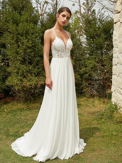 A-Linie/Princess-Linie Chiffon Spitze V-Ausschnitt Ärmellos Sweep/Pinsel zug Brautkleider