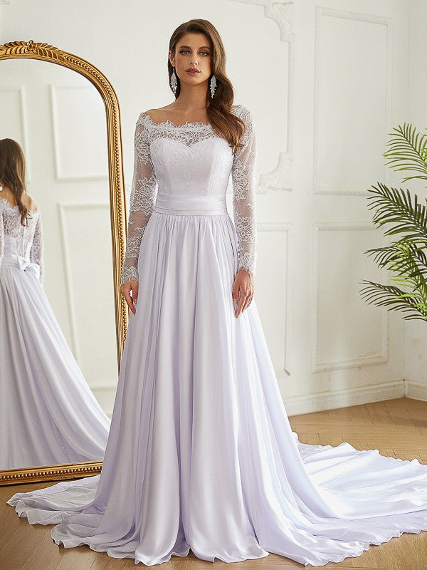 A-Linie/Princess-Linie Satin Chiffon Spitze Schulterfrei Lange Ärmel Kathedrale Schleppe Brautkleider