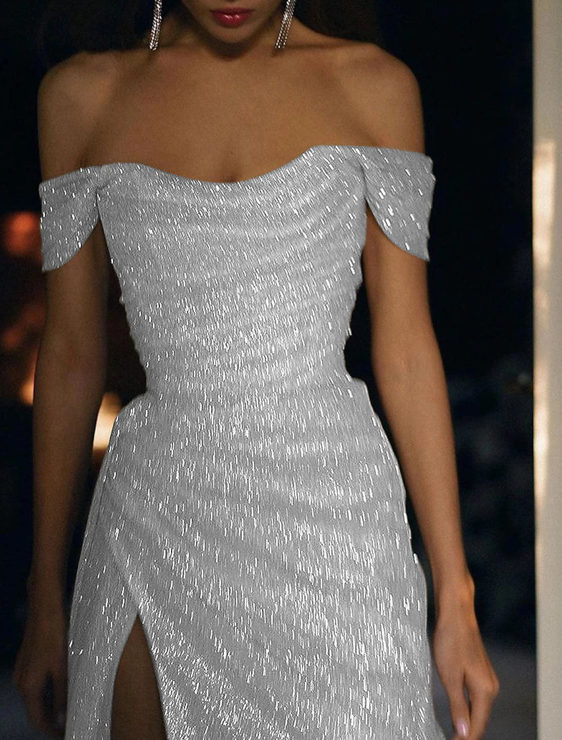 Vestidos de noche de sirena, vestido de novia brillante para recepción, vestido de fiesta, cola larga/corta, manga corta, hombros descubiertos, lentejuelas con abertura