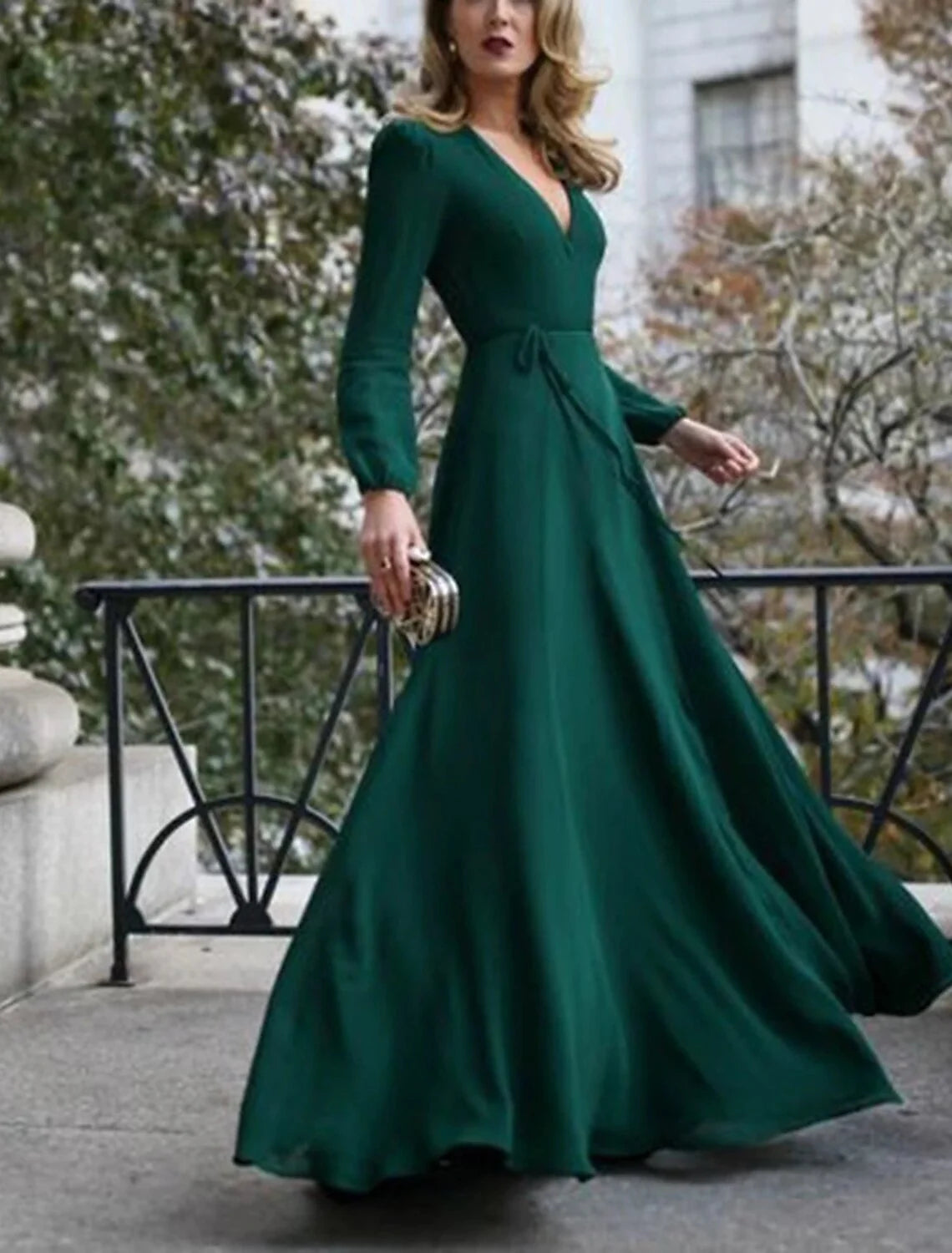 Vestido de noche formal minimalista elegante para invitada de boda, corte A, escote en V, manga larga, largo hasta el suelo, de gasa elástica con tirantes de color puro