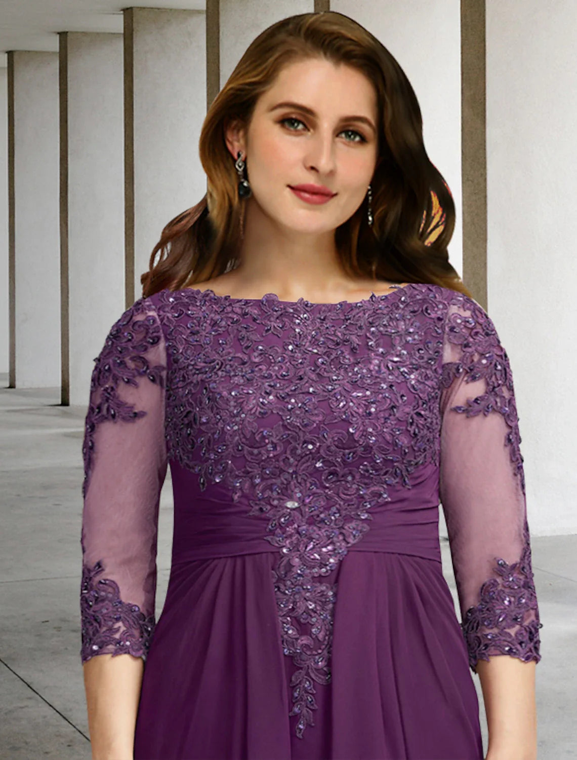 Vestido tubo/columna de talla grande con curvas para madre de la novia, elegante, formal, para invitada de boda, largo hasta el suelo, media manga, cuello joya, gasa con apliques de cuentas fruncidas