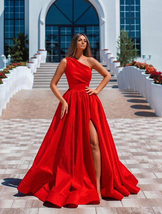 A-Linie, sexy, hochgeschnittenes Abschlussball- und Abendkleid, eine Schulter, ärmellos, bodenlang, Charmeuse mit gerüschtem Schlitz