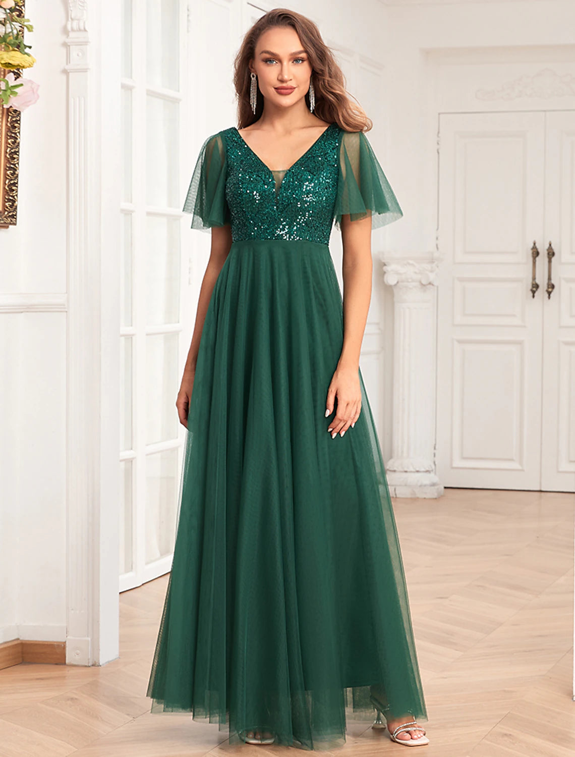 Vestidos de fiesta de corte A, vestido imperio, vestido de noche, vestido de fiesta, largo hasta el suelo, manga corta, cuello en V, gasa, espalda en V con lentejuelas brillantes