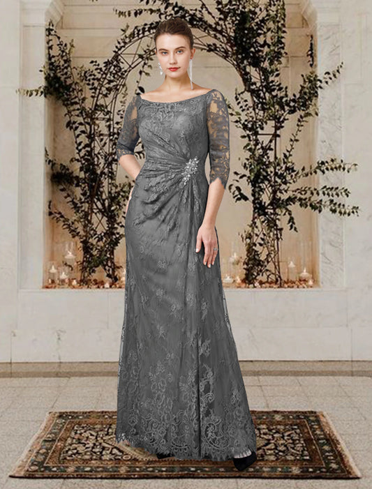 A-Line Mother of the Bride Dress Wedding Guest Elegant Plus Size Jewel Neck Floor Length Lace Short Sleeve with Ruffles Crystal Brooch Side-Draped