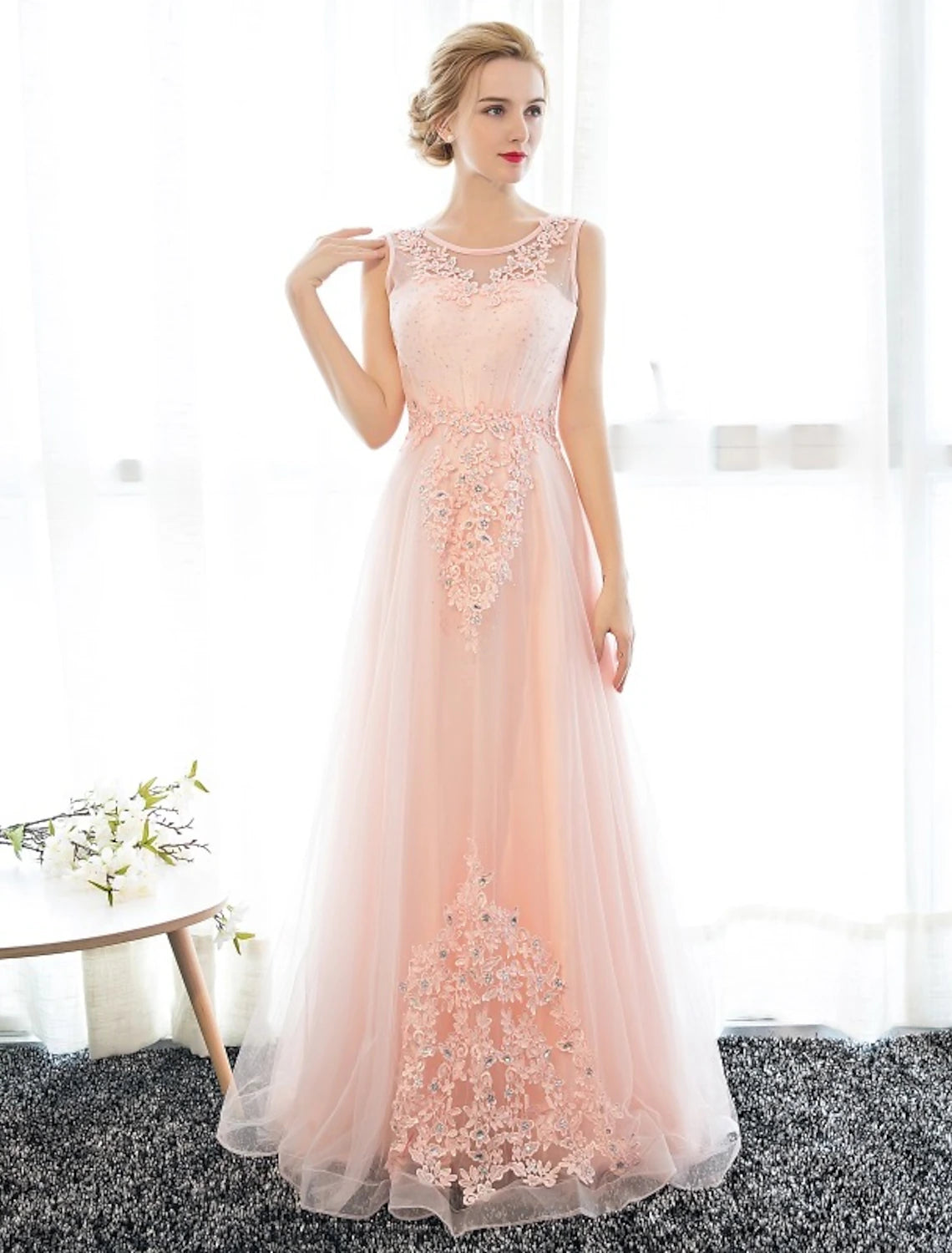 Etuikleid/Säulenkleid, Hochzeitsgast, Abschlussball, bodenlang, ärmellos, Illusionsausschnitt, Satin mit Kristallapplikationen