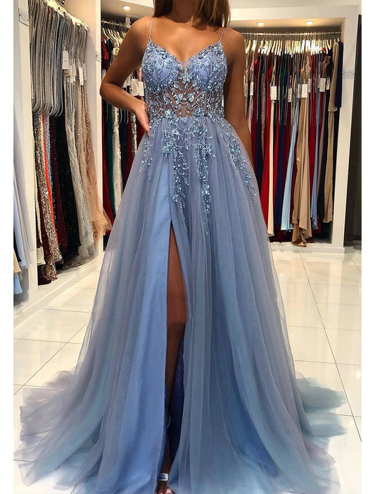A-Linie Ballkleid Partykleid Prinzessinnenkleid Formeller Abschlussball Hofschleppe Ärmellos V-Ausschnitt Tüll mit Perlen