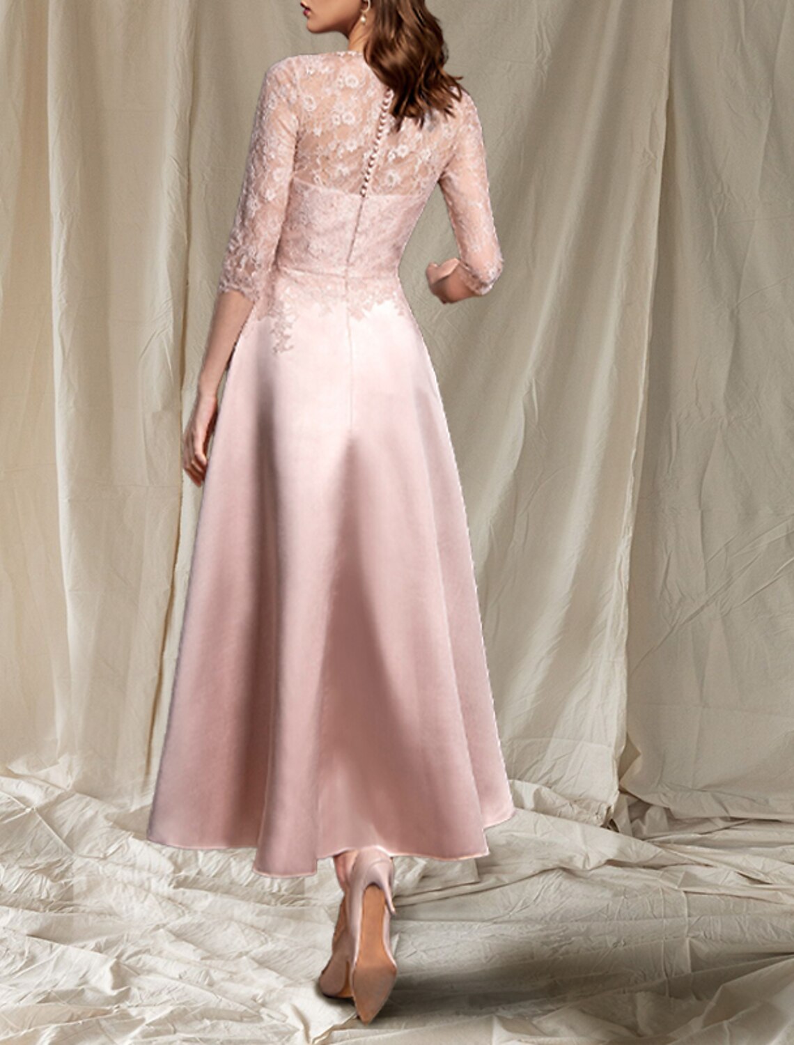 A-Line Mother of the Bride Dress Elegant Jewel Neck Tea Length Satin Lace Half Sleeve with Pleats