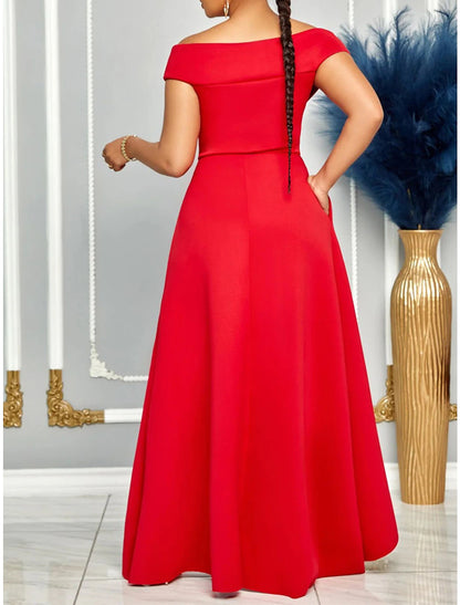 Women's Prom Dress Party Dress Wedding Guest Dress Long Dress Maxi Dress Black White Red Short Sleeve Plain Ruffle