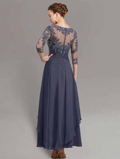 Sheath / Column Mother of the Bride Dress Wedding Guest Elegant Simple Jewel Neck Ankle Length Chiffon Lace 3/4 Length Sleeve with Pleats Sequin