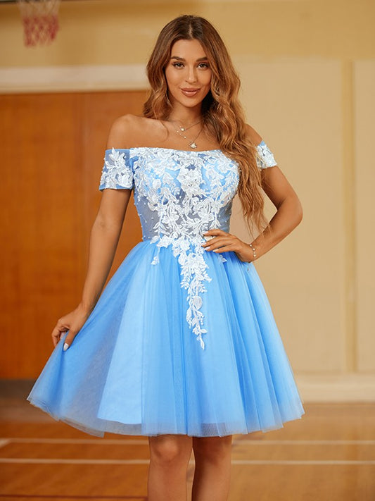Vestidos cortos/mini de corte A/princesa, de tul, con encaje y hombros descubiertos