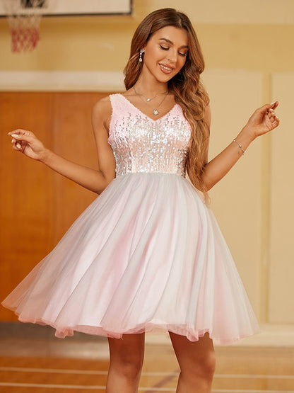 Vestidos cortos/mini sin mangas con escote en V y lentejuelas de corte A/princesa