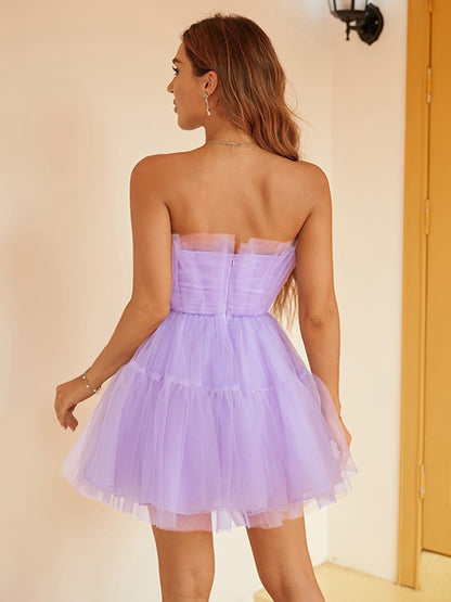 Vestidos cortos/mini de corte A/princesa con volantes de tul, sin tirantes y sin mangas
