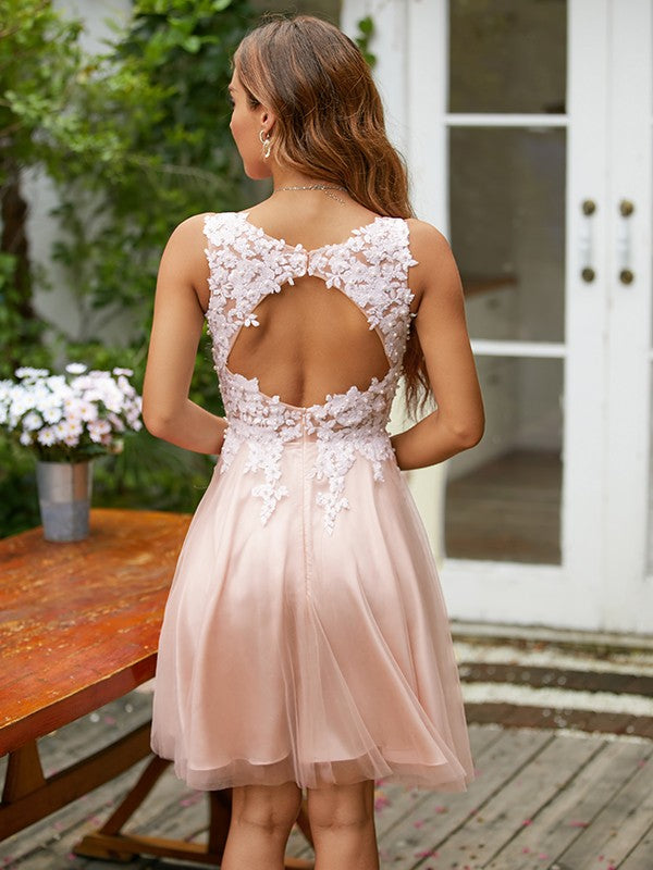 Vestidos cortos/mini de corte A/princesa con apliques de tul y escote en V sin mangas