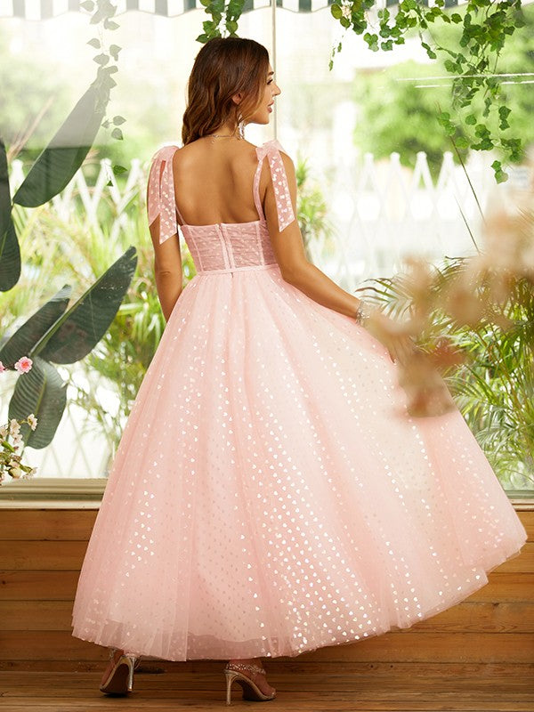 Vestidos de corte A/princesa con volantes, tirantes finos, sin mangas y hasta los tobillos