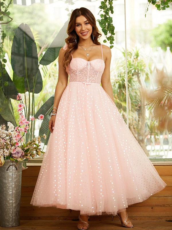 Vestidos de corte A/princesa con volantes, tirantes finos, sin mangas y hasta los tobillos