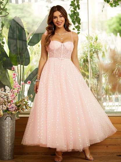 Vestidos de corte A/princesa con volantes, tirantes finos, sin mangas y hasta los tobillos
