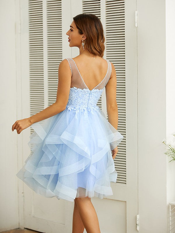 Vestidos de corte A/princesa con apliques, escote en V, sin mangas y hasta la rodilla