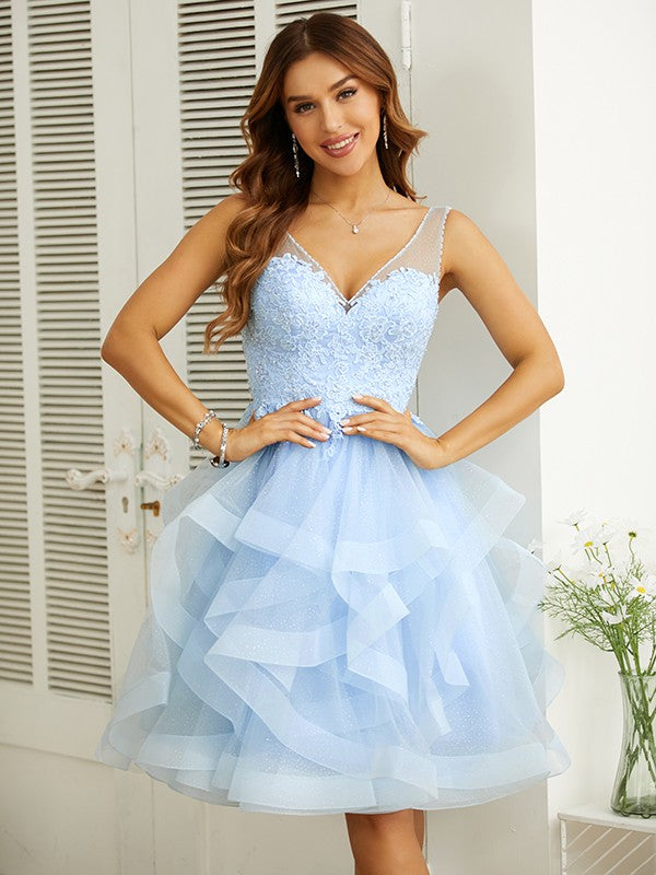 Vestidos de corte A/princesa con apliques, escote en V, sin mangas y hasta la rodilla