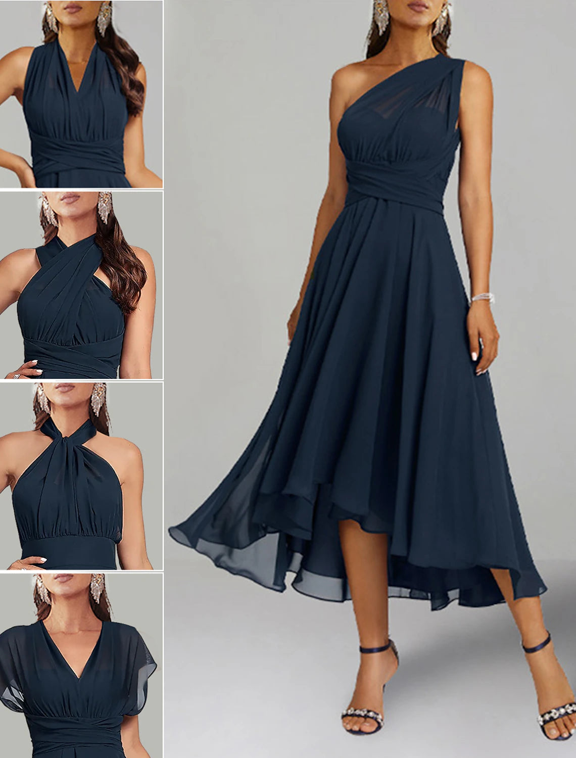 A-Line Wedding Guest Dresses Elegant Dress Formal Wedding Party Tea Length Sleeveless One Shoulder Fall Wedding Guest Chiffon with Ruched
