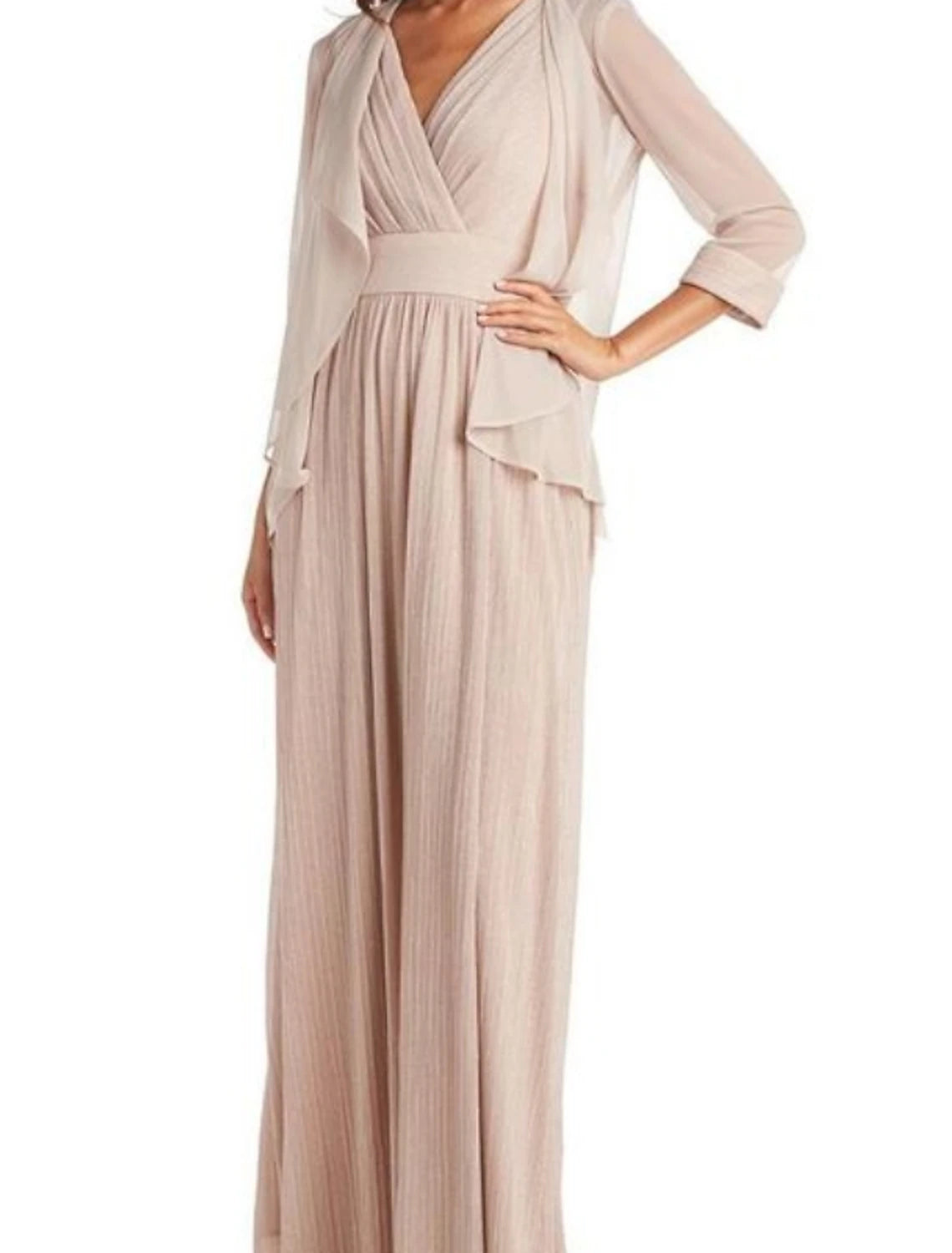 Two Piece Mother of the Bride Dress Simple Elegant V Neck Floor Length Chiffon 3/4 Length Sleeve with Pleats Solid Color 2023