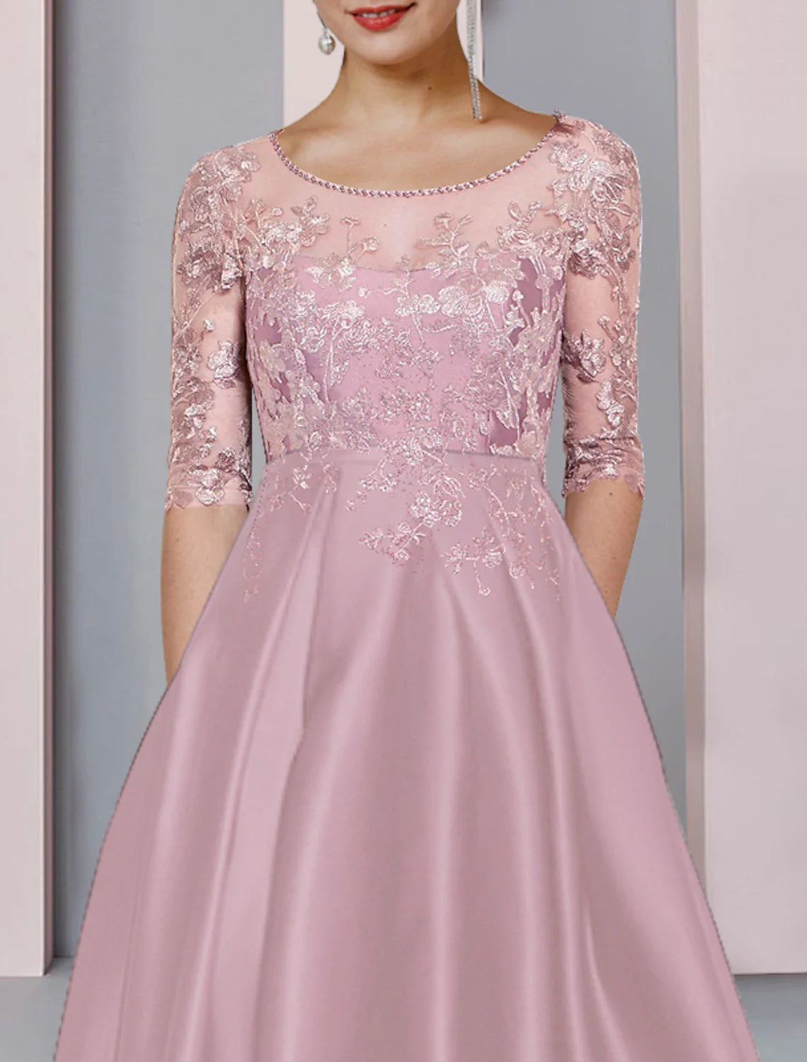 Vestido de madre de la novia de corte A, formal, para invitados a la boda, elegante, con escote redondo alto y bajo, asimétrico, largo hasta la rodilla, de satén, con encaje, media manga y pliegues, con apliques de cuentas.