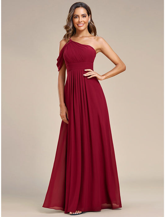 A-Linie Hochzeitsgastkleider Elegantes Kleid Formelle Hochzeit Bodenlang Ärmellos Ein-Schulter Chiffon mit gerüschtem Schlitz