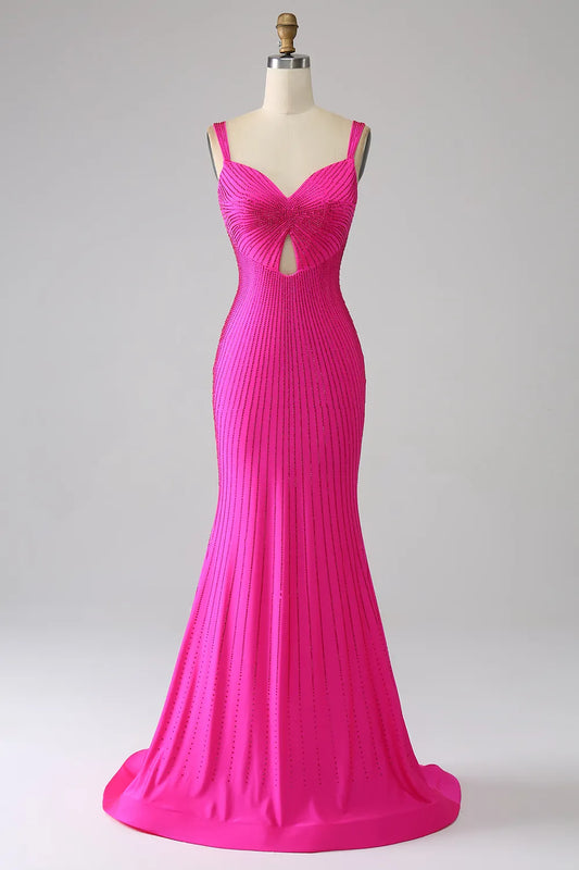 Vestido de fiesta largo con corsé y cuentas y tirantes de sirena