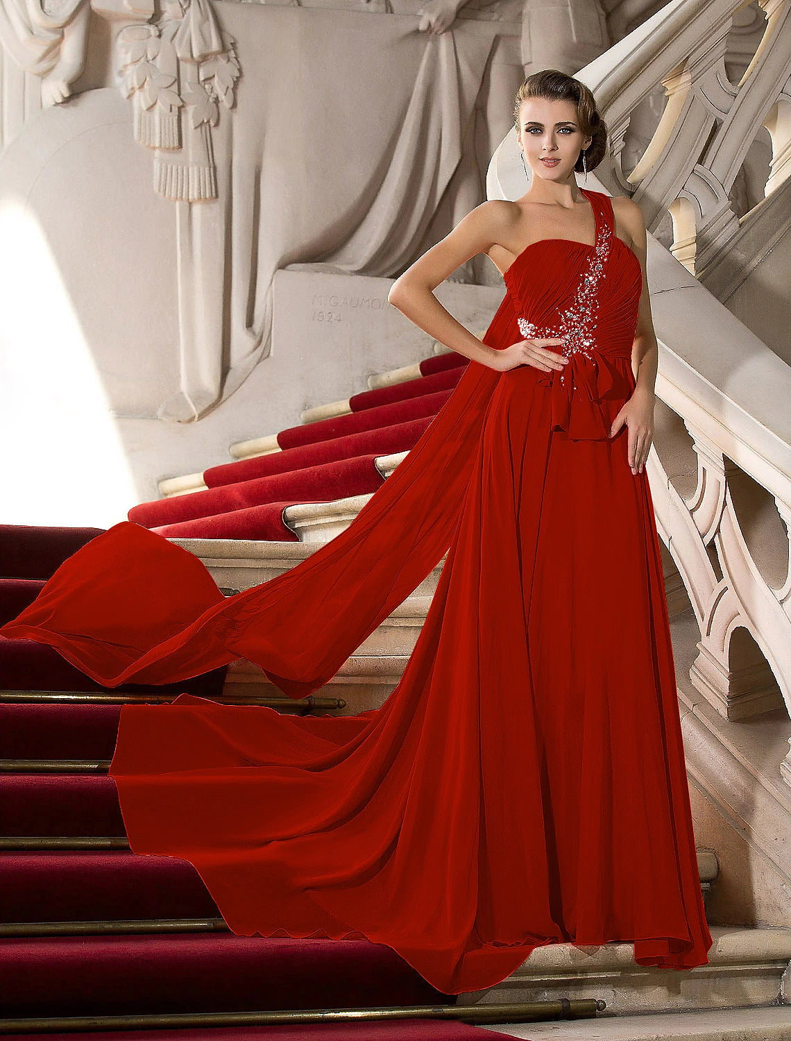 Vestido elegante de corte A para invitada de boda, de compromiso, con cola de corte, sin mangas, de un solo hombro, de gasa con drapeado de cristales