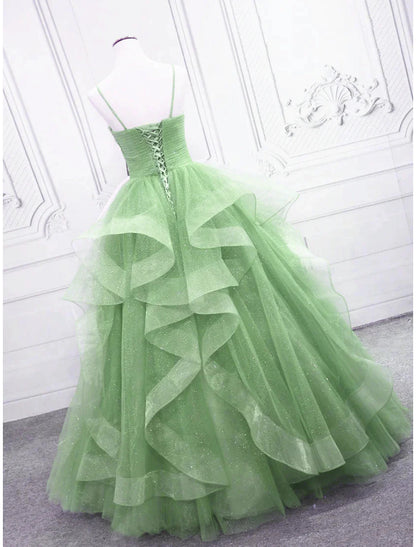 Ballkleid, Ballkleider, glitzerndes Kleid, formell, bodenlang, ärmellos, V-Ausschnitt, Tüll mit glitzernden Rüschen