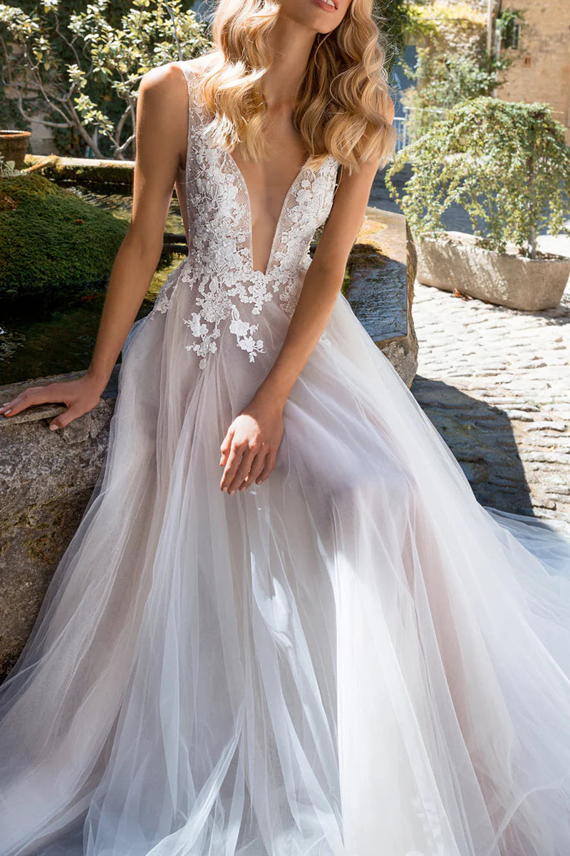 A Line V Neck Lace Appliques Boho Wedding Dress