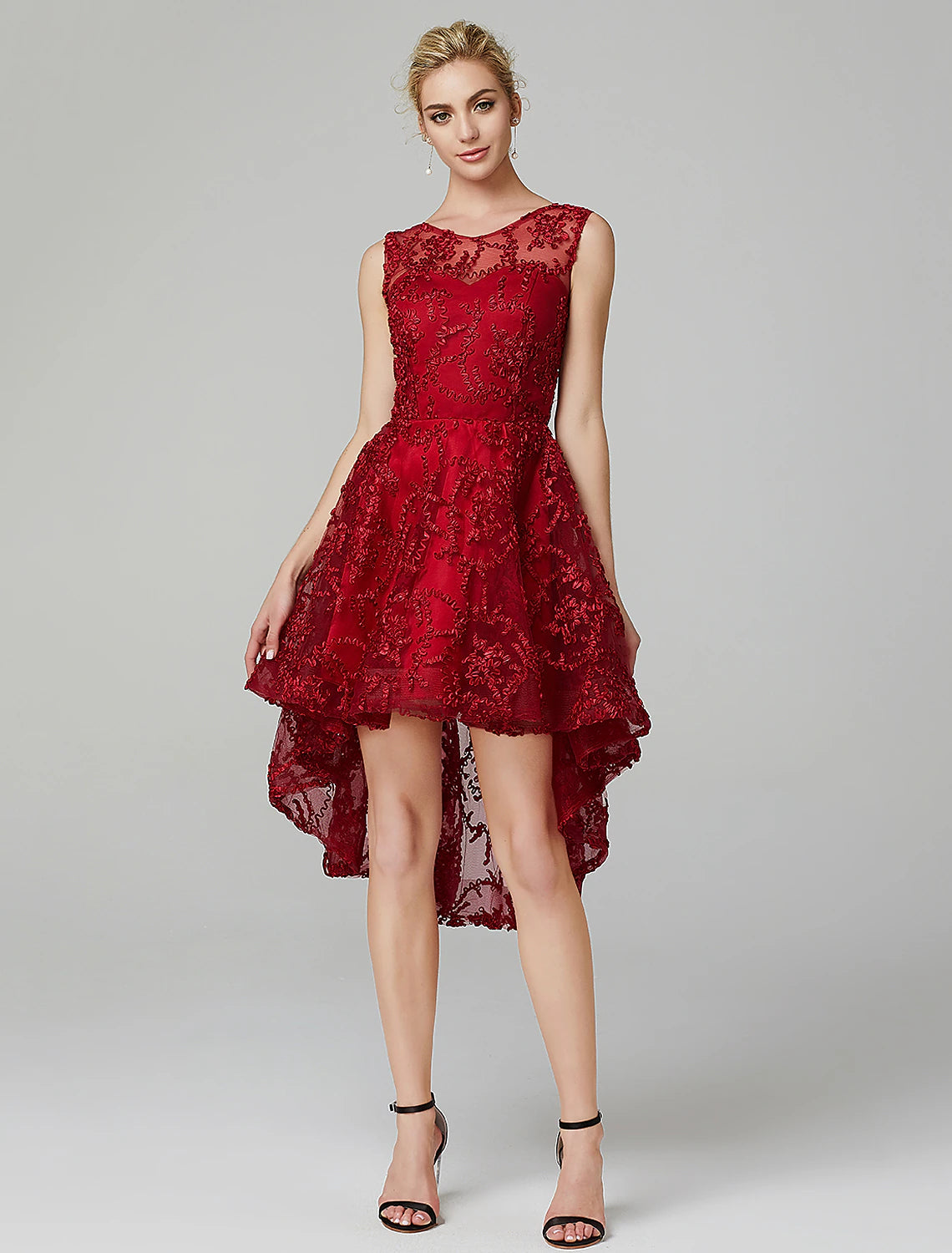 Vestido de fiesta de cóctel con corte A asimétrico, sin mangas, cuello ilusión, tul con apliques