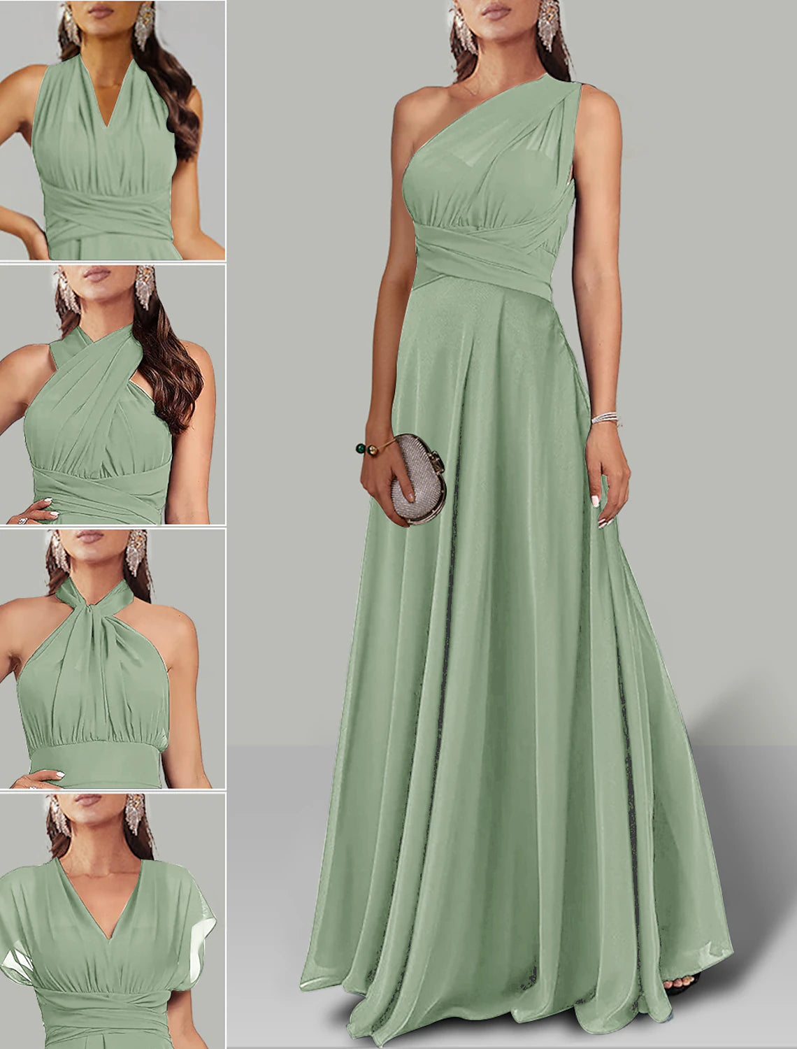 Vestidos de invitada de boda de corte A, vestido infinito, fiesta de bodas, verano, largo hasta el suelo, manga corta, cuello halter, convertible en gasa con fruncido