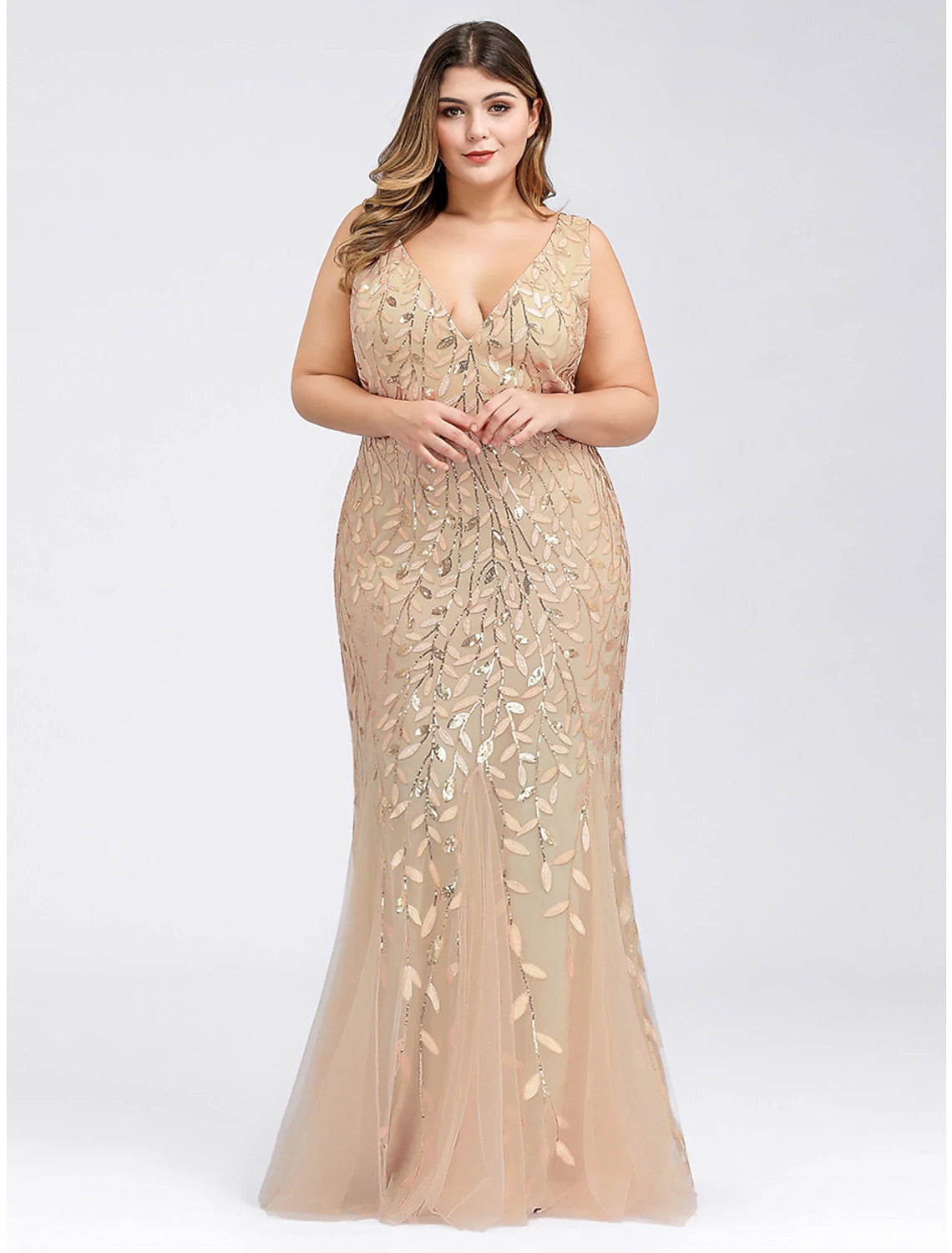Vestido de noche de sirena/trompeta, talla grande, para invitados de boda, de compromiso, largo hasta el suelo, sin mangas, escote en V, encaje, espalda en V con apliques