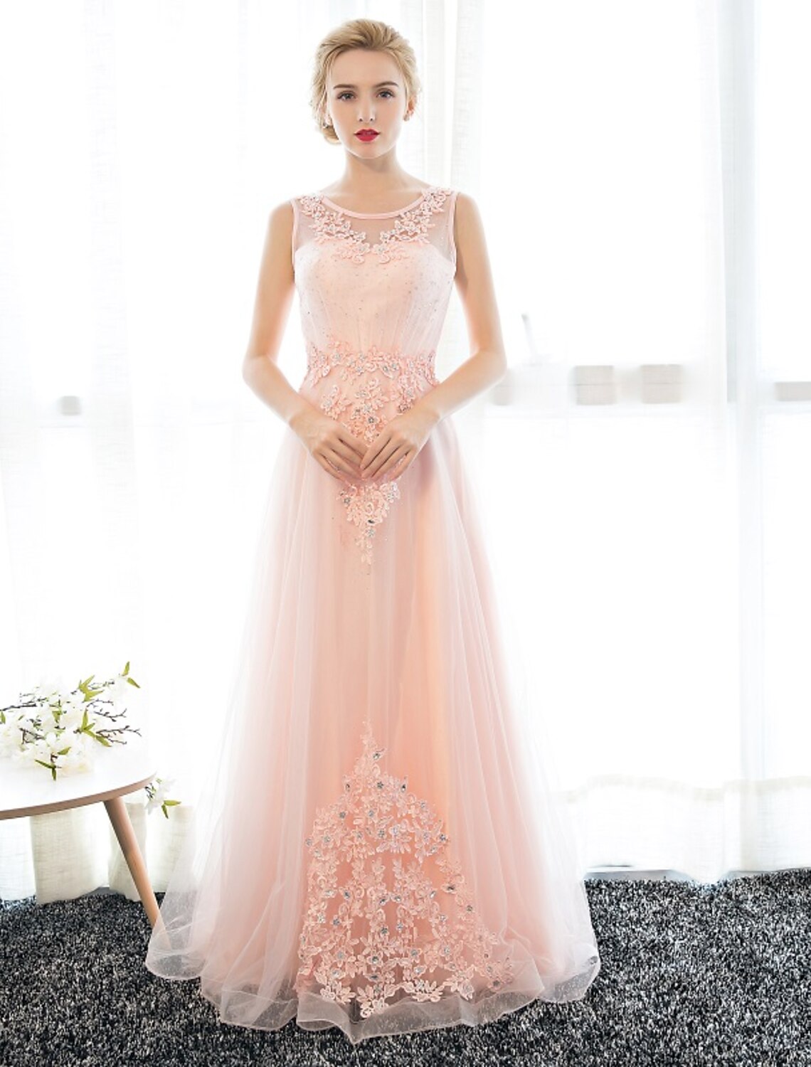 Sheath / Column Dress Wedding Guest Prom Floor Length Sleeveless Illusion Neck Satin with Crystals Appliques